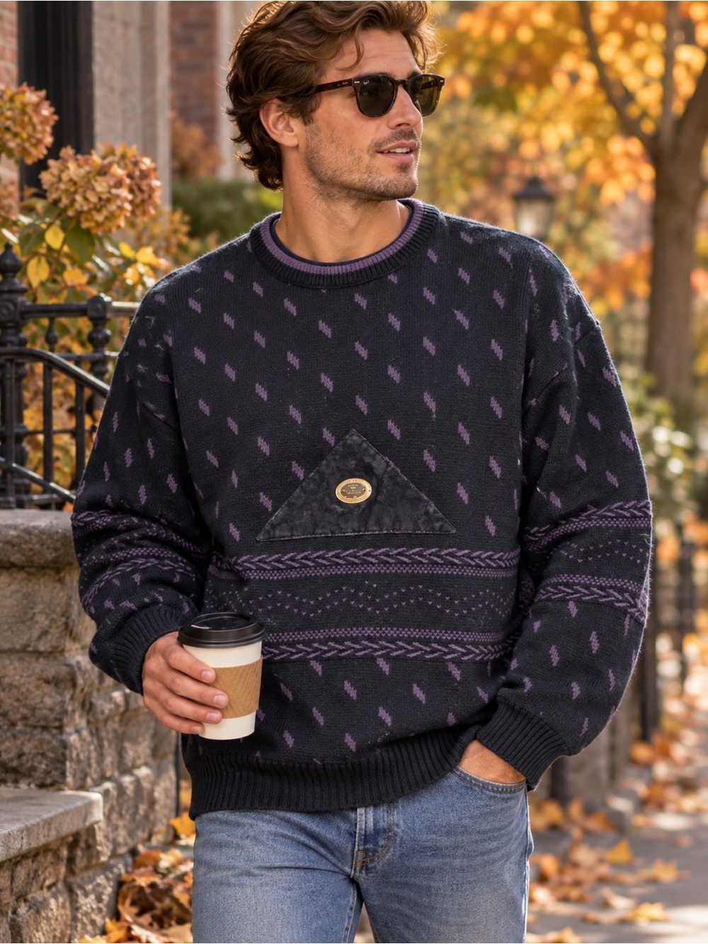 Vintage 90’s XL double duty purple navy suede detail wool blend grandpa sweater